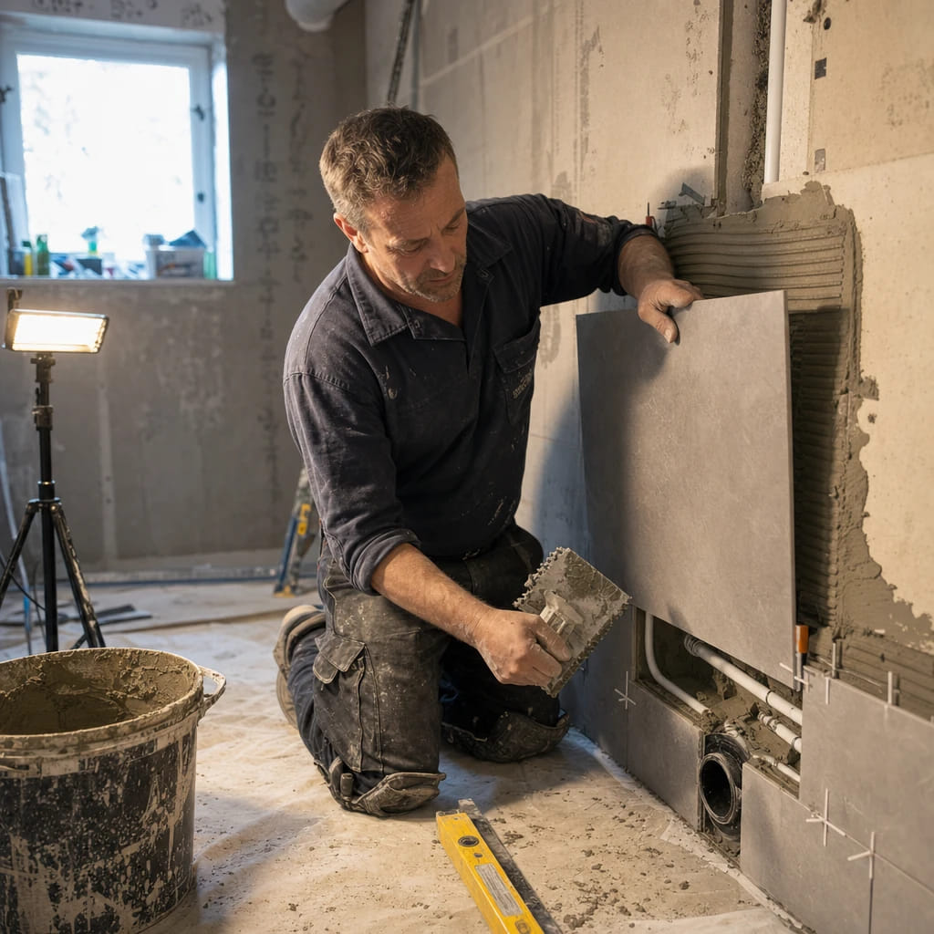 Aannemer zet een grootformaat wandtegel tijdens het verbouwen van een badkamer