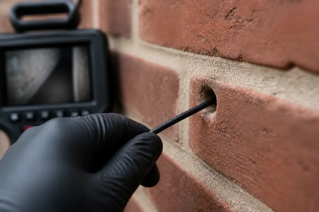 Endoscopische spouwinspectie waarbij een camera door een boorgat de breedte en vervuiling van de spouw controleert