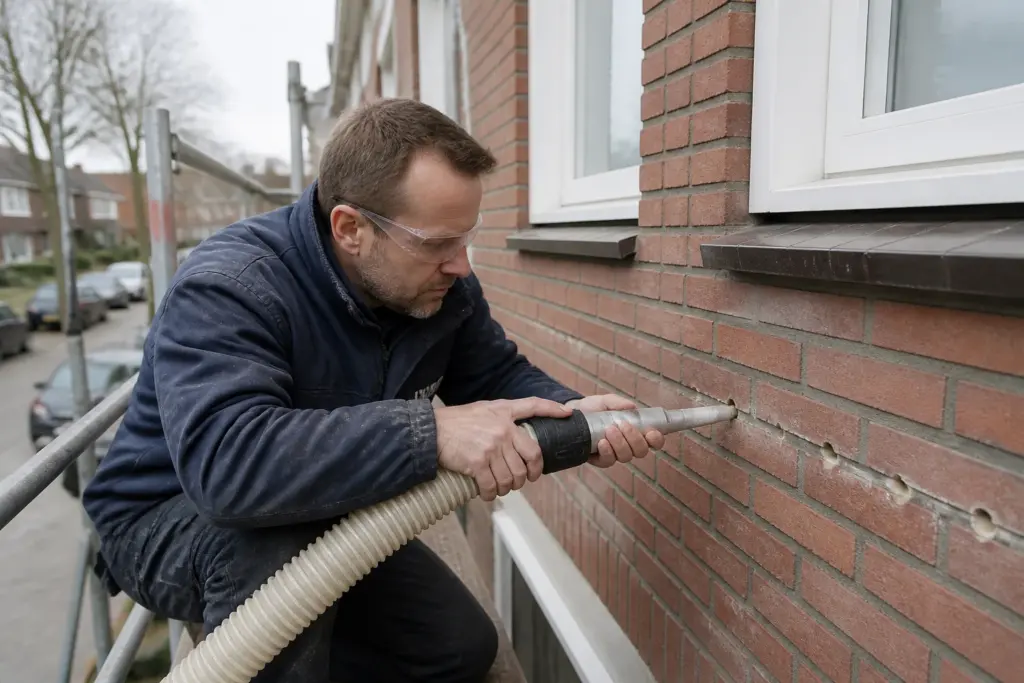 Vakman blaast spouwmuurisolatie in via geboorde gaatjes in de voegen van een bakstenen gevel